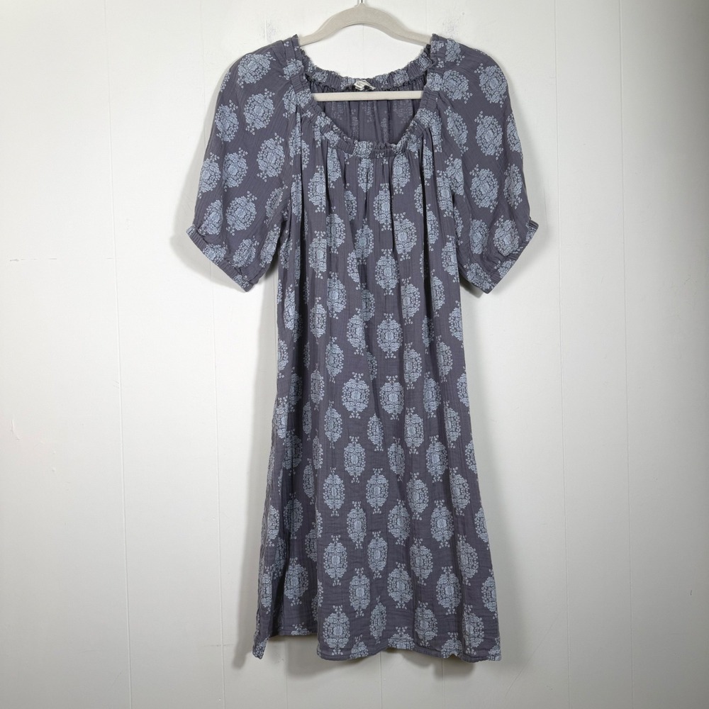 Wonderly Cotton Gauze Puff Sleeve Shift Dress Grey Medallion Womens Large Boho